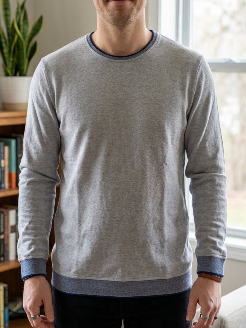 RW&CO. Heather Light blue Crewneck Sweater with Navy Trim- XXl